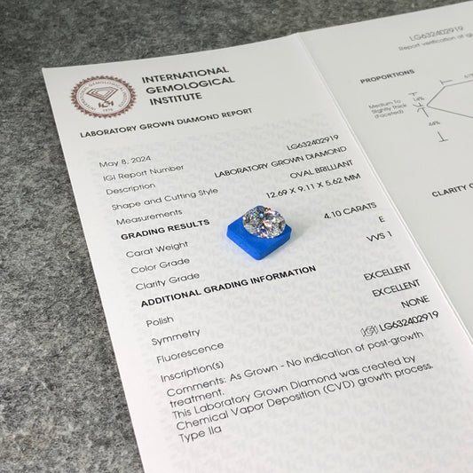 4.10 Carat Lab Grown Oval Diamond VVS1 IGI E CVD 2EX