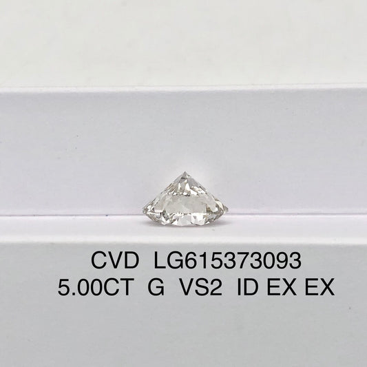 Diamant synthétique de 5,00 carats, certifié G IGI, CVD VS2, taille ID 2EX