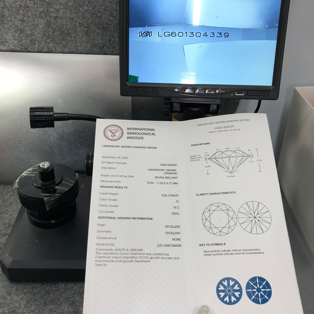 Diamant synthétique de 5,02 carats, certifié G, certifié IGI, CVD VS2