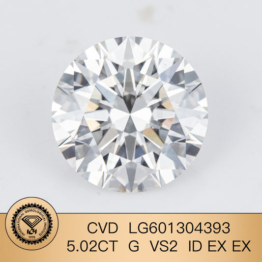 5.02 Carat Lab Grown Diamond G VS2 ID EX EX IGI Certified CVD Man Made Round Diamond