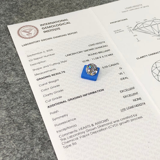 Diamant synthétique de 5,03 carats, certifié G, certifié IGI, CVD VS1