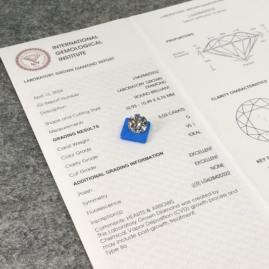 5.03 Carat Lab Grown Diamond Round IGI Certified CVD VS1 G 3EX