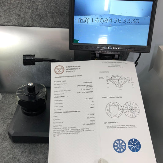 Diamant synthétique de 5,05 carats G VS2 ID 2EX, diamant rond synthétique certifié IGI CVD