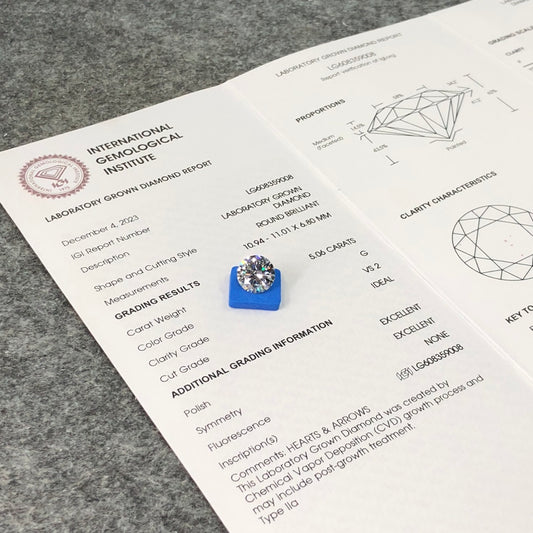 Diamant synthétique de 5,06 carats certifié IGI, taille G excellente, CVD VS2