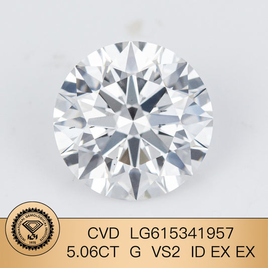 Diamant synthétique de 5,06 carats, certifié G IGI CVD VS2, taille EX EX