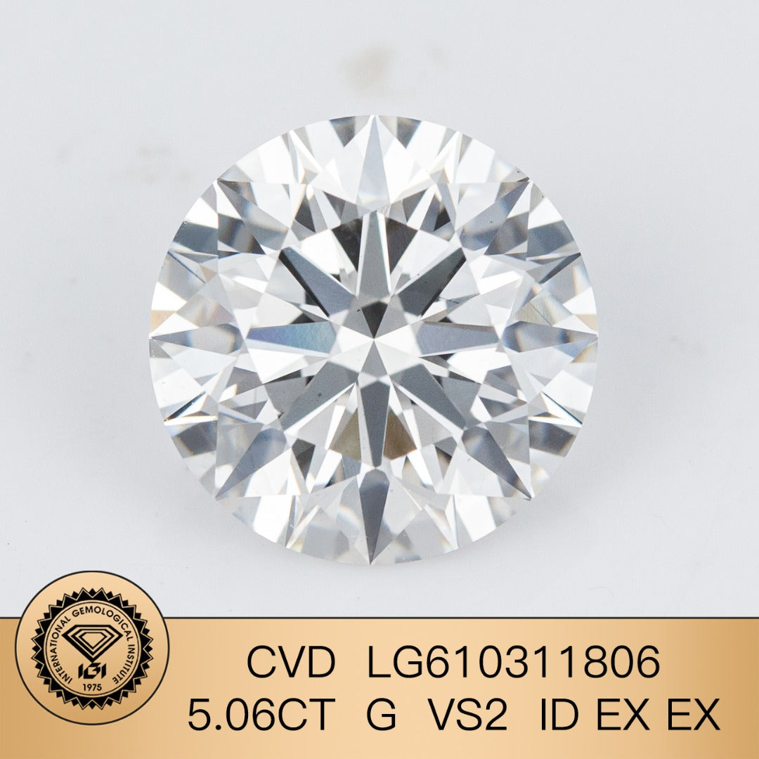 Diamant synthétique de 5,06 carats, certifié G VS2 par l'IGI, taille CVD ID 2EX