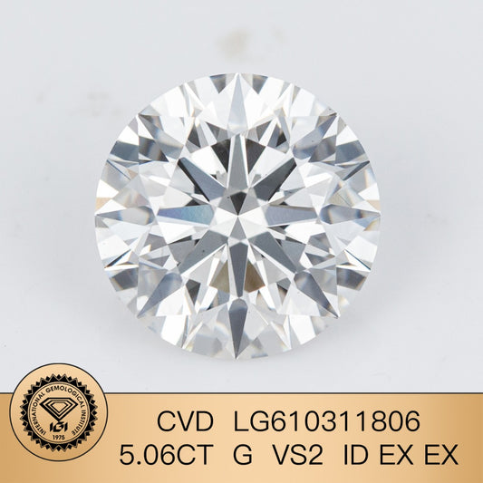 5.06 Carat Lab Grown Diamond G VS2 IGI Certified Synthetic Diamond CVD ID 2EX Cut