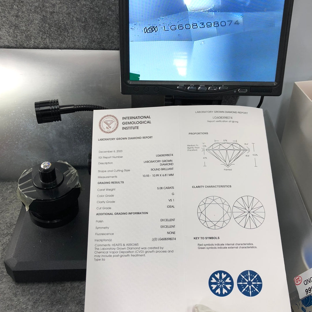 Diamant synthétique de 5,08 carats G EX ID certifié IGI CVD VS1