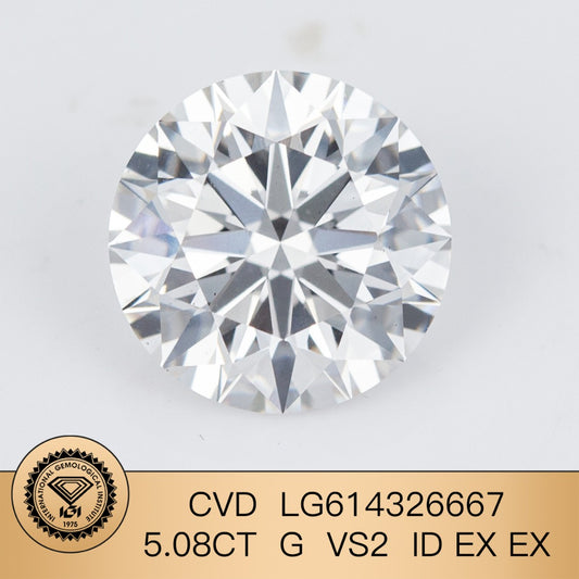 5.08 Carat Lab Grown Man Made Diamond G VS2 ID EX EX IGI Certified CVD Round