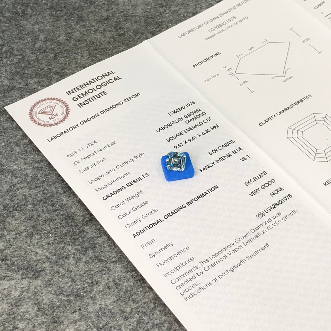 5.09 Carat Lab Grown Diamond Fancy Intense Blue VS1 Square Emerald EX VG CVD Wholesale