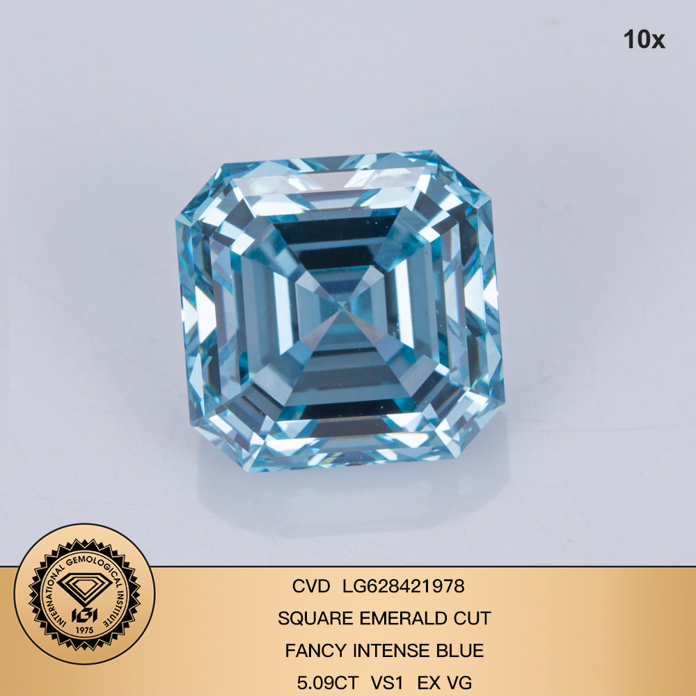 5.09 Carat Lab Grown Diamond Fancy Intense Blue VS1 Square Emerald EX VG CVD Wholesale