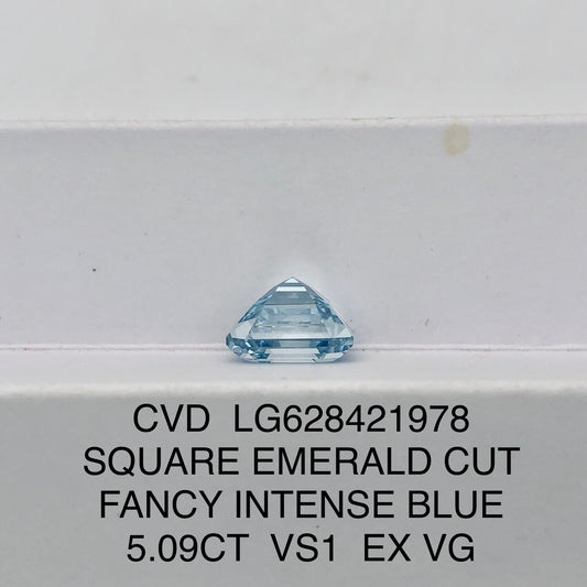 5.09 Carat Lab Grown Diamond Fancy Intense Blue VS1 Square Emerald EX VG CVD Wholesale