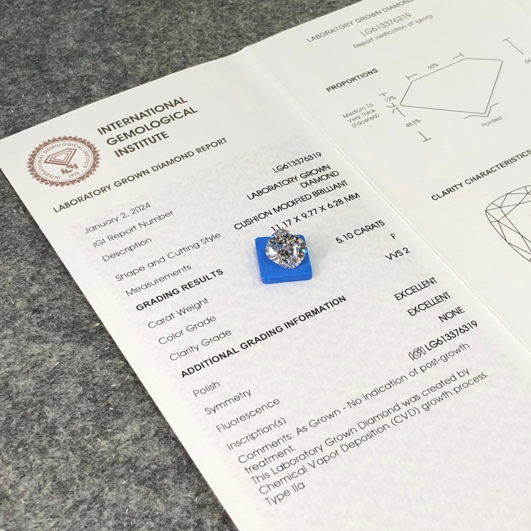 Diamant de laboratoire coussin de 5,10 carats 2EX certifié IGI CVD VVS2 F