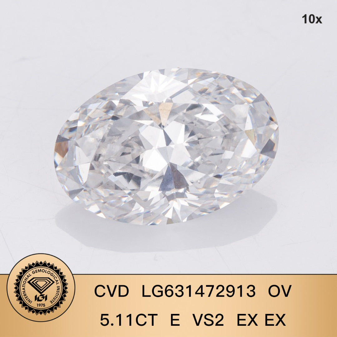 Diamant de laboratoire de 5,11 carats de forme ovale 2EX certifié IGI CVD VS2 E