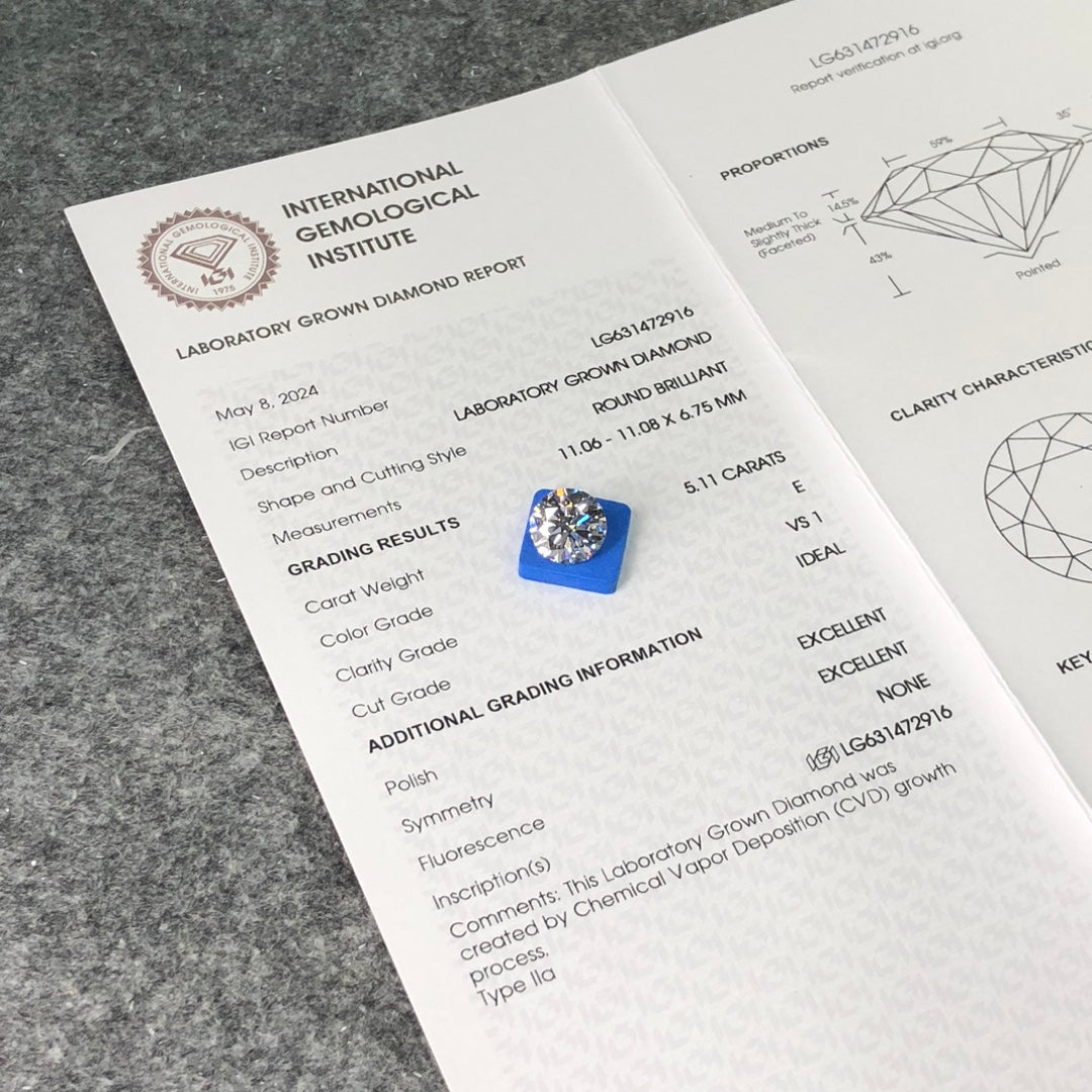 Diamant rond de 5,11 carats, cultivé en laboratoire, 2EX ID, certifié IGI, CVD E VS1