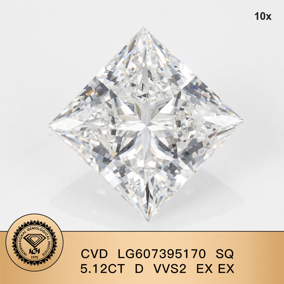 Diamant de laboratoire de 5,12 carats, taille princesse 2EX, certifié IGI CVD D VVS2