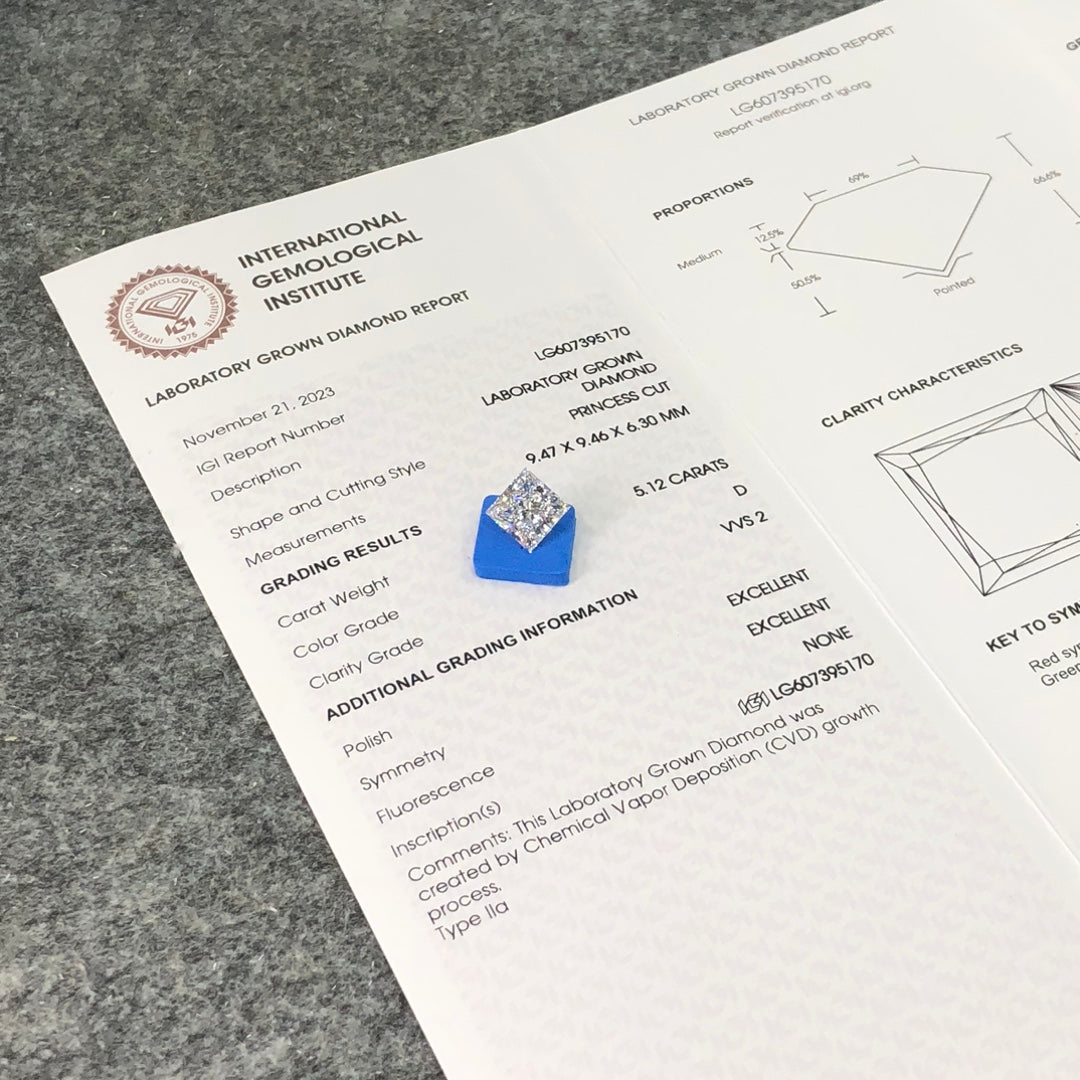 Diamant de laboratoire de 5,12 carats, taille princesse 2EX, certifié IGI CVD D VVS2