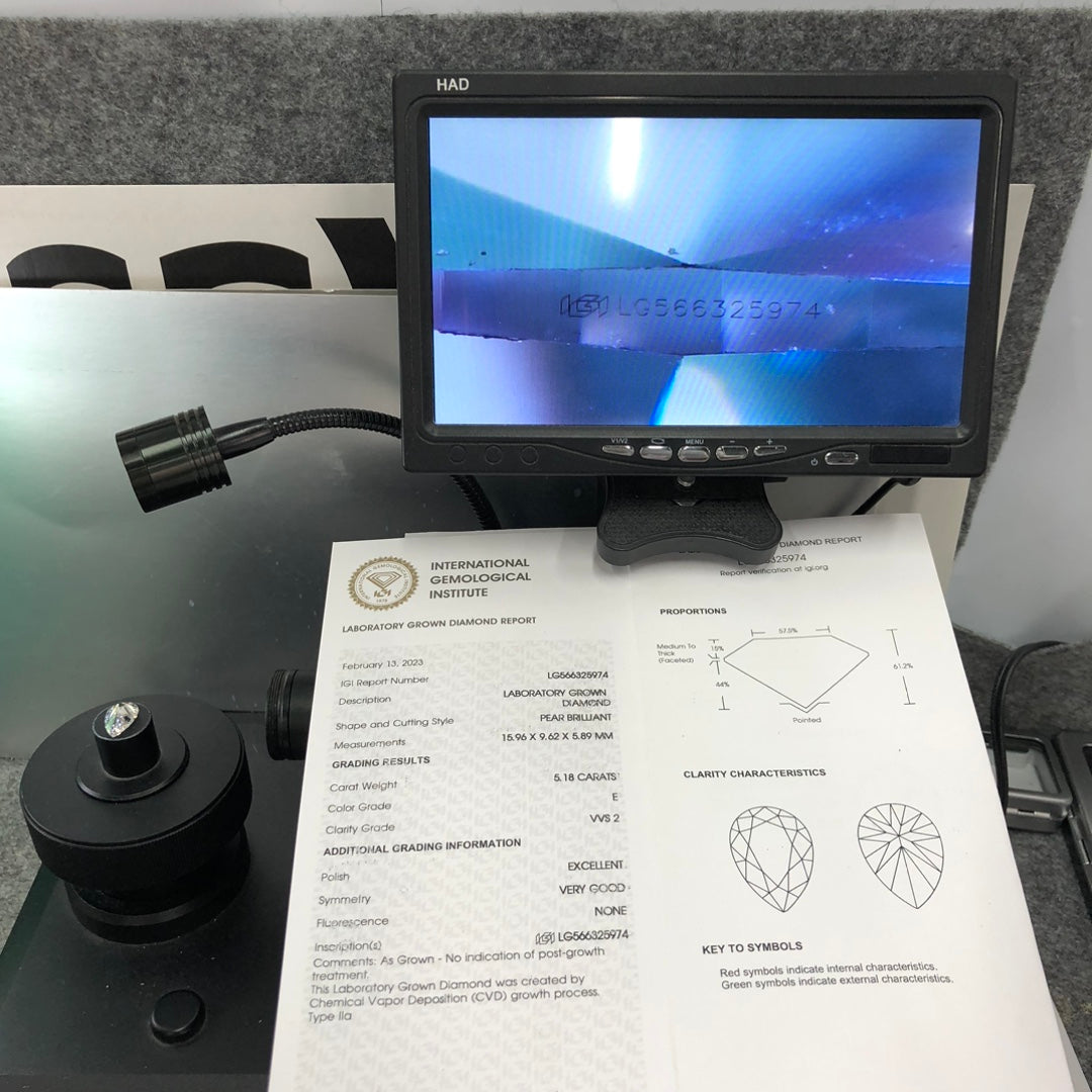 Diamant de 5,18 carats en forme de poire, certifié IGI, certifié CVD E VVS2, EX VG