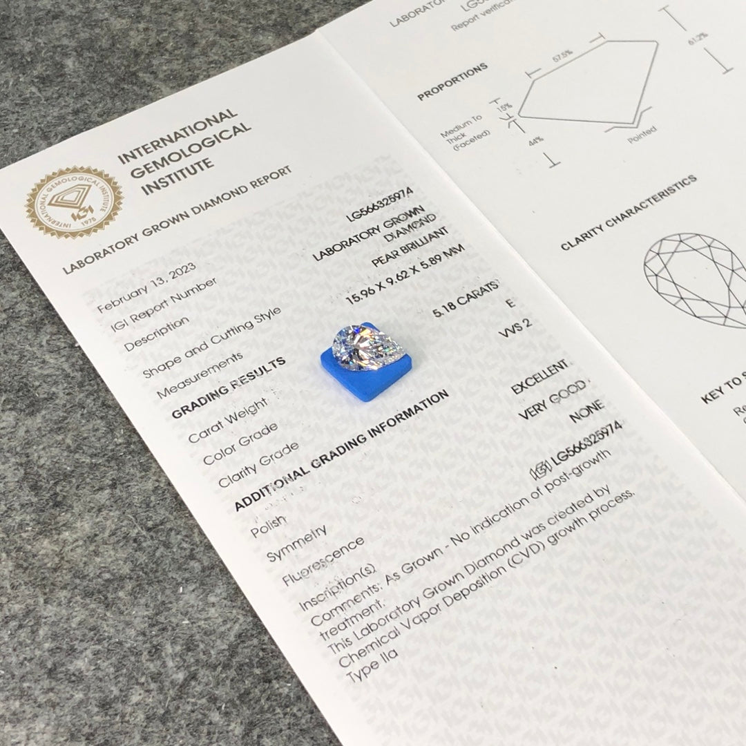 Diamant de 5,18 carats en forme de poire, certifié IGI, certifié CVD E VVS2, EX VG