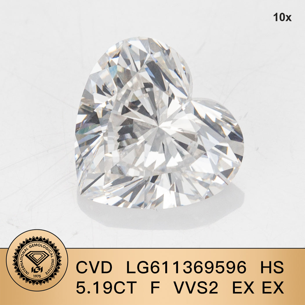 Diamant de laboratoire de 5,19 carats en forme de cœur 2EX certifié IGI CVD VVS2 F