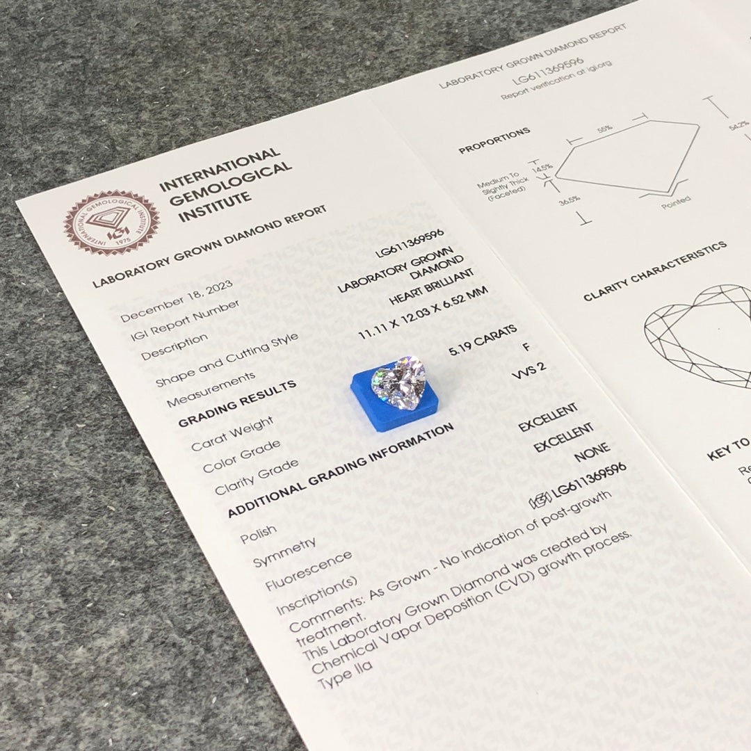Diamant de laboratoire de 5,19 carats en forme de cœur 2EX certifié IGI CVD VVS2 F