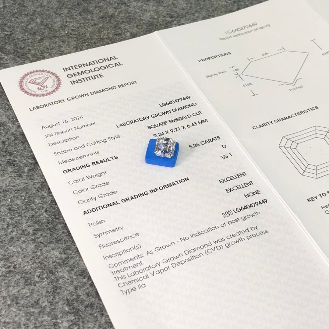 5.26 Carat Lab Grown Diamond D VS1 Square Emerald 2EX CVD Wholesale