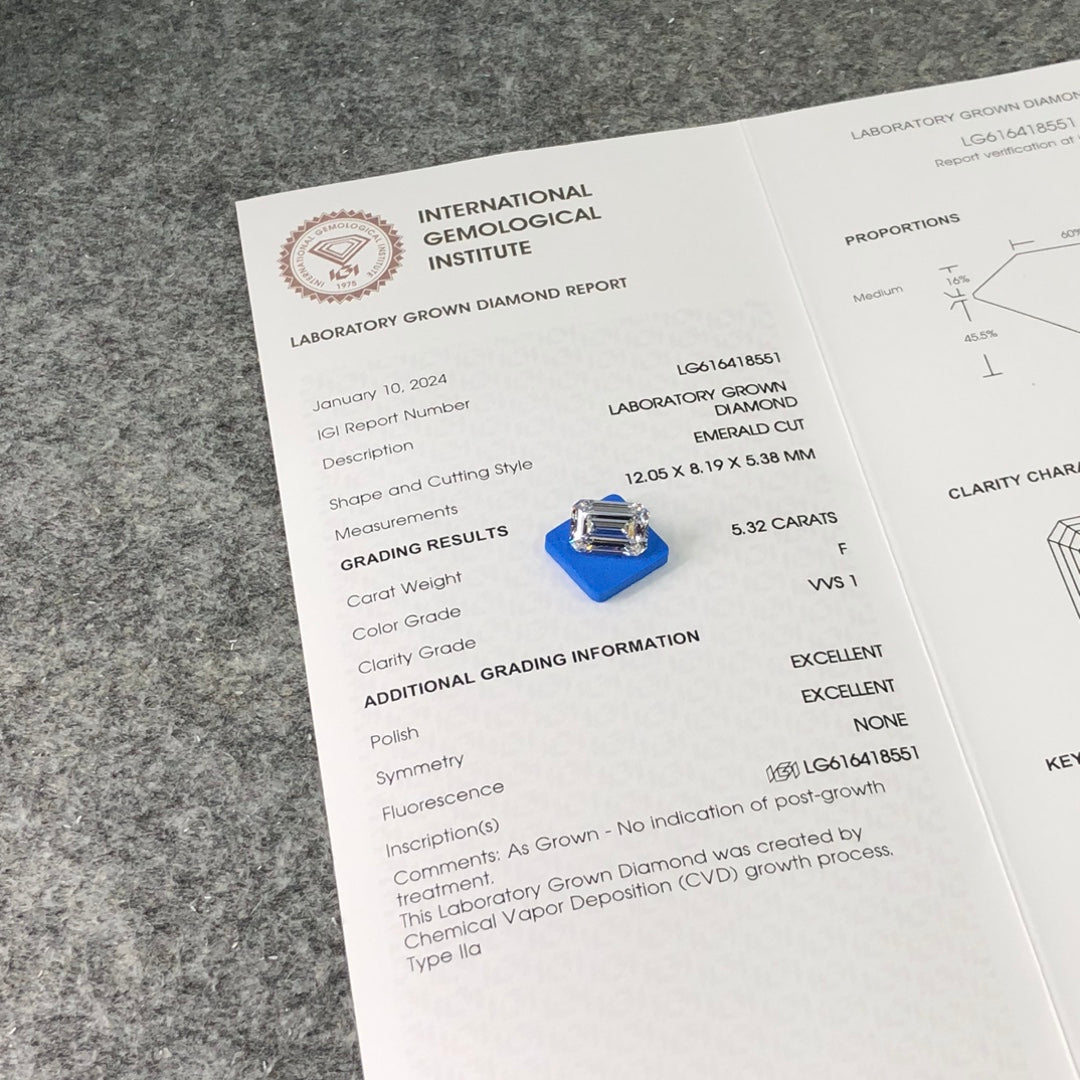 Diamant de laboratoire de 5,32 carats, taille émeraude, certifié IGI 2EX, CVD VVS1 F