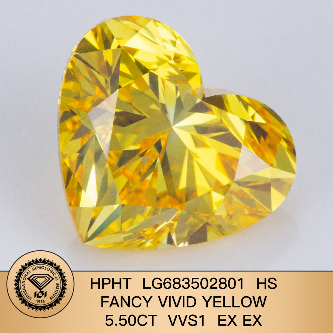 Diamant cœur de 5,50 carats, cultivé en laboratoire, couleur jaune vif fantaisie VVS1 2EX HPHT