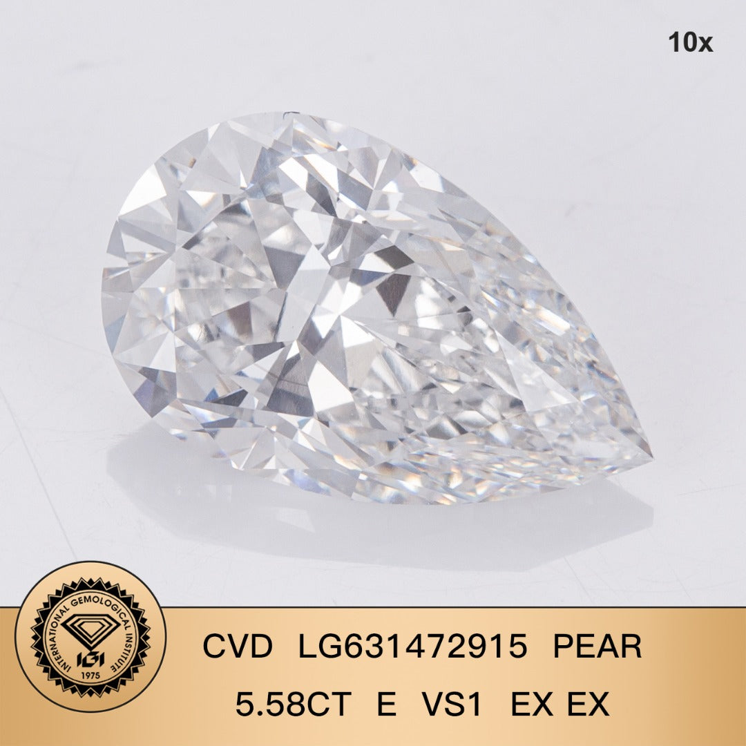 Diamant de laboratoire de 5,58 carats en forme de poire 2EX certifié IGI CVD E VS1