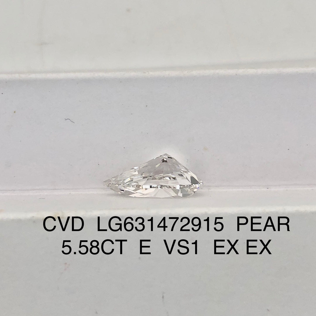 Diamant de laboratoire de 5,58 carats en forme de poire 2EX certifié IGI CVD E VS1