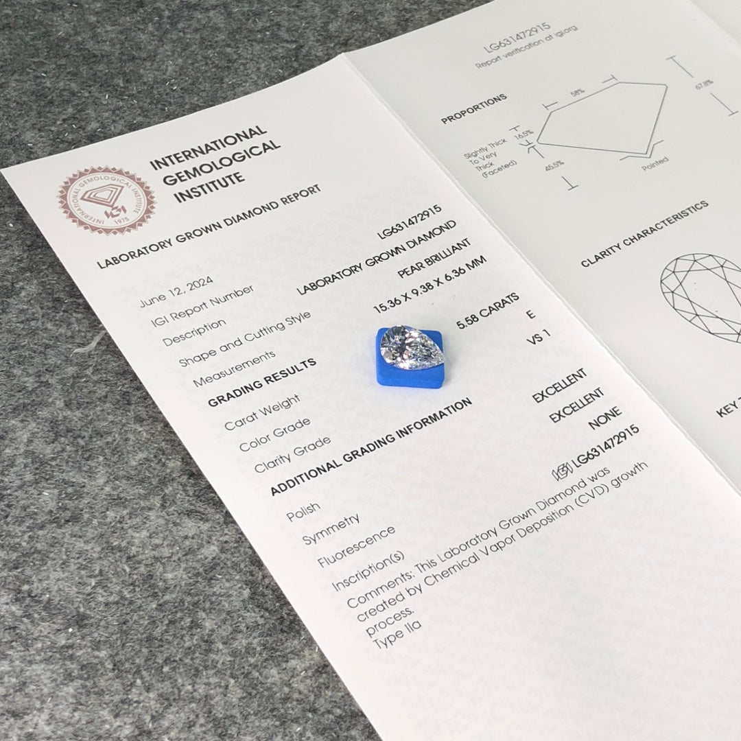 Diamant de laboratoire de 5,58 carats en forme de poire 2EX certifié IGI CVD E VS1
