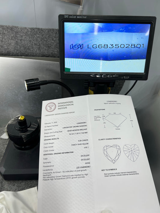 5.50 Carat Lab Grown Heart Diamond Fancy Vivid Yellow VVS1 2EX HPHT