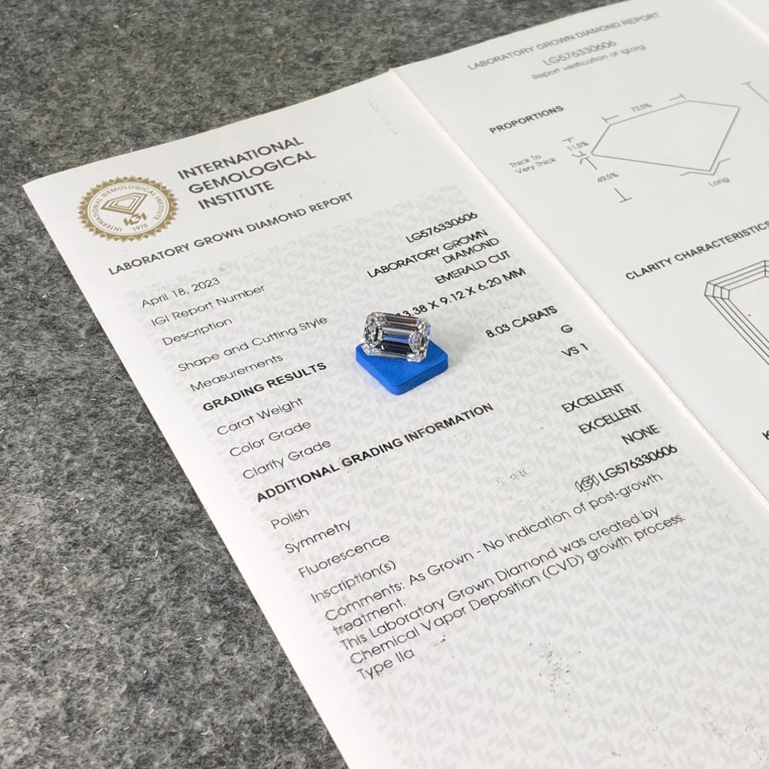 8.03 Carat VS1 Lab Grown Diamond G Emerald Shape 2EX IGI Certified CVD