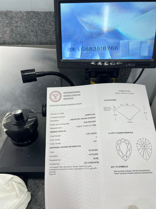 9.99 Carat IGI Certificate Lab Grown Pear Diamond F VS1 2EX CVD
