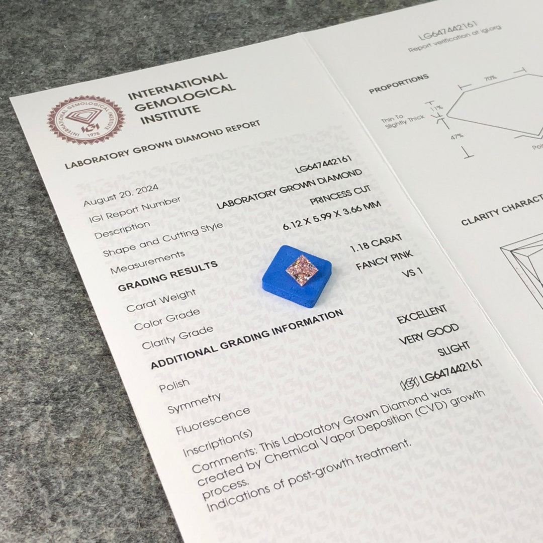 CVD 1.18 Carat IGI Certificate Lab Grown Diamond Fancy Pink VS1 Princess EX VG