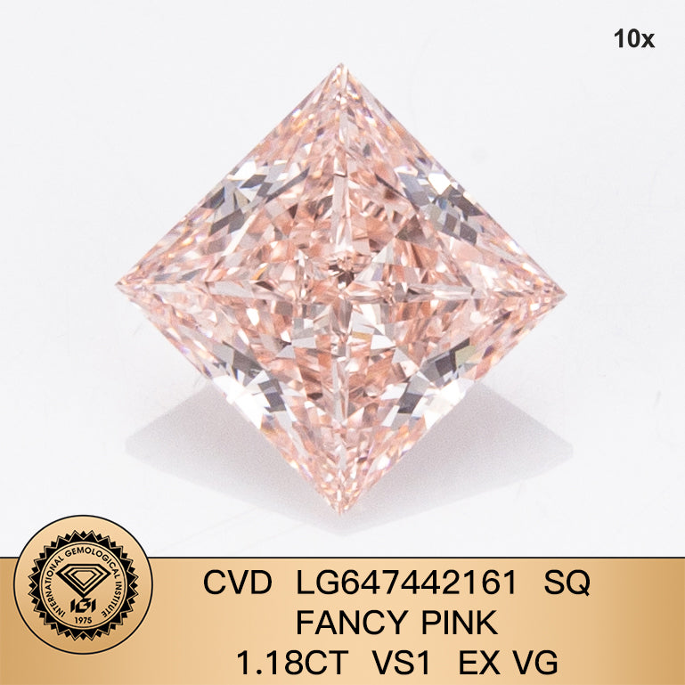 CVD 1.18 Carat IGI Certificate Lab Grown Diamond Fancy Pink VS1 Princess EX VG