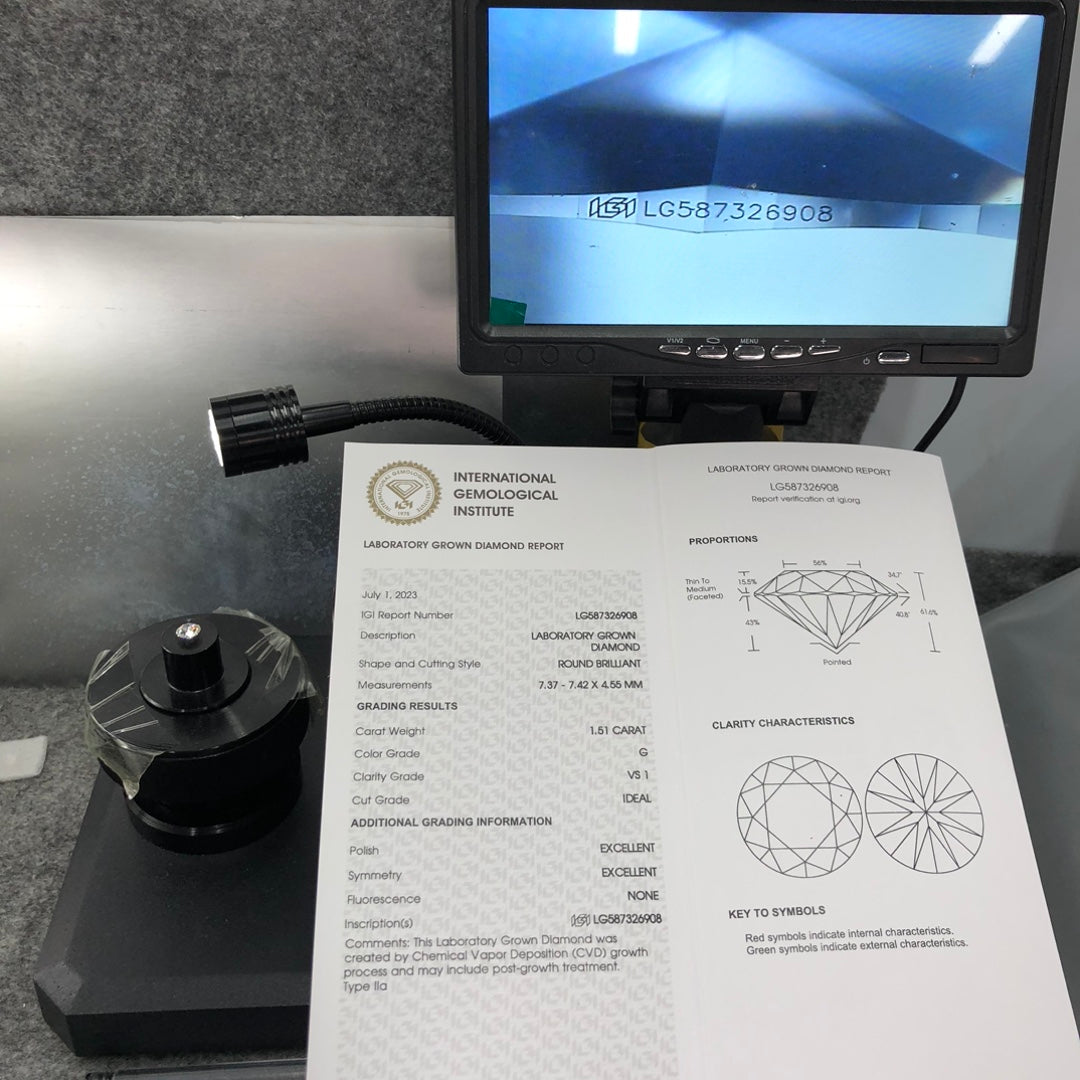 CVD 1.51 Carat IGI Certificate Lab Grown Diamond G VS1 ID 2EX Round