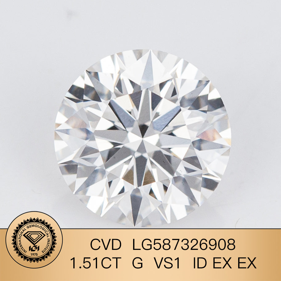 CVD 1.51 Carat IGI Certificate Lab Grown Diamond G VS1 ID 2EX Round