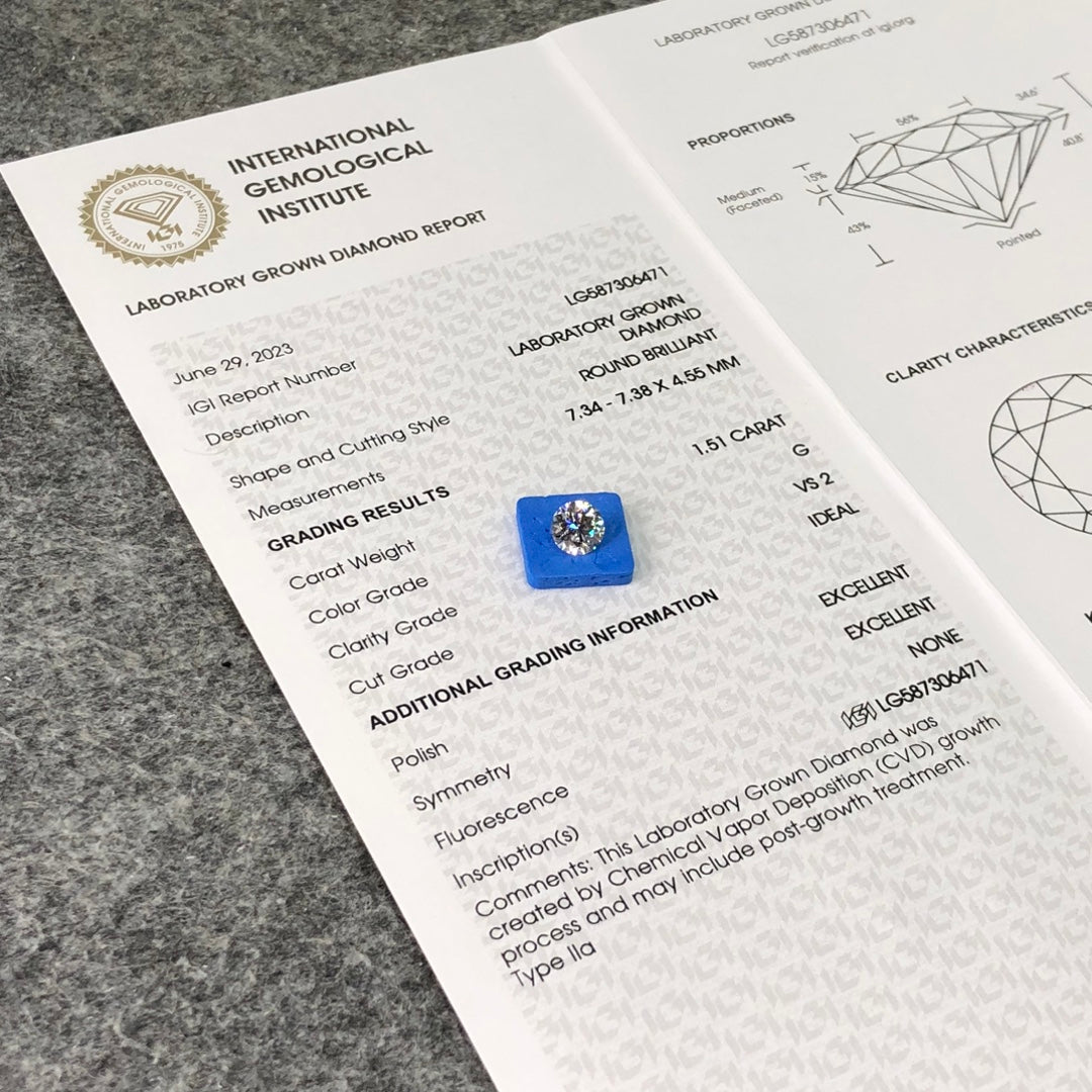 CVD 1.51 Carat IGI Certificate Lab Grown Diamond G VS2 ID 2EX
