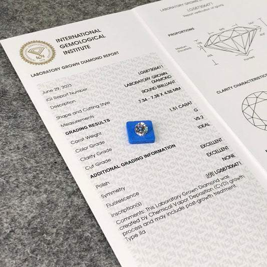 CVD 1.51 Carat IGI Certificate Lab Grown Diamond G VS2 ID 2EX