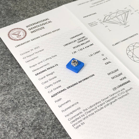 CVD 1.51 Carat IGI Certificate Lab Grown Diamond G VS2 ID 2EX Round