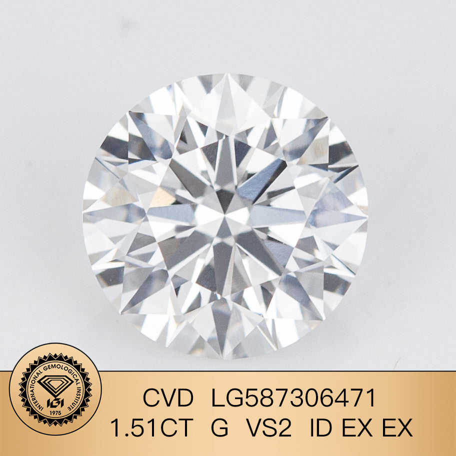 CVD 1.51 Carat IGI Certificate Lab Grown Diamond G VS2 ID 2EX
