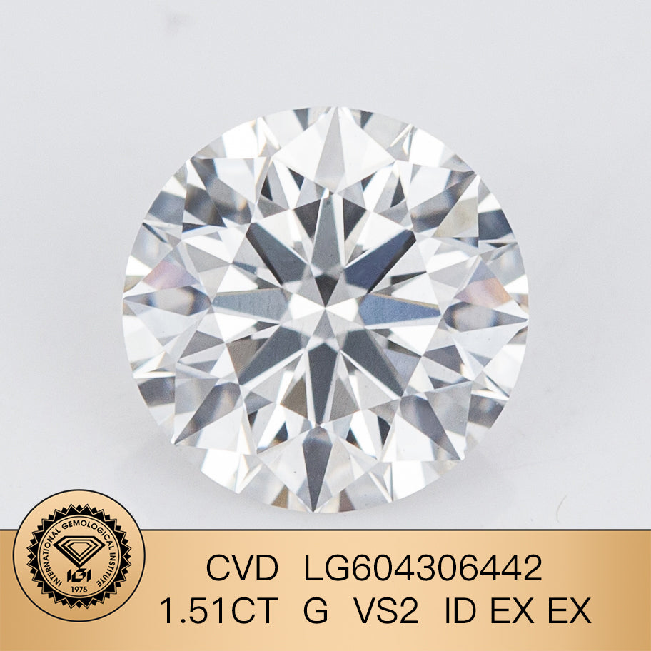 CVD 1.51 Carat IGI Certificate Lab Grown Diamond G VS2 ID 2EX Round