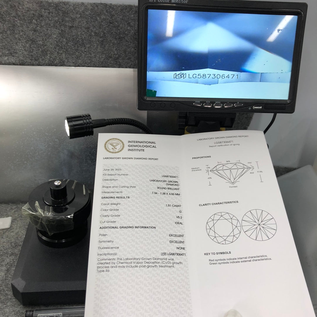 CVD 1.51 Carat IGI Certificate Lab Grown Diamond G VS2 ID 2EX