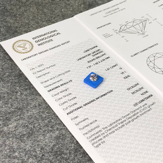 CVD 1.51 Carat IGI Certificate Lab Grown Diamond G VS1 ID 2EX Round