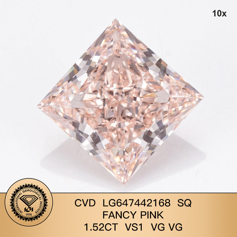 CVD 1.52 Carat IGI Certificate Lab Grown Diamond Fancy Pink VS1 Princess 2VG