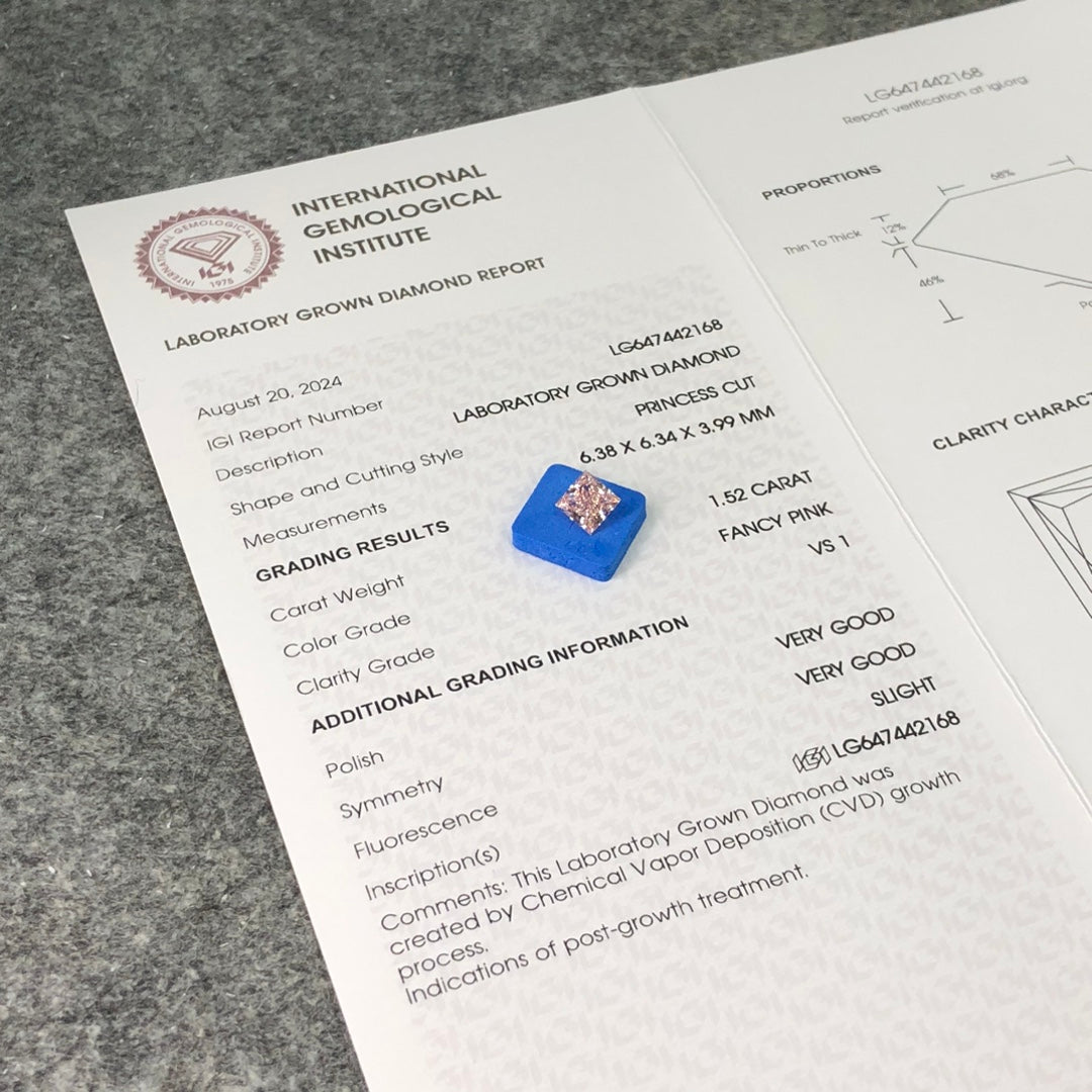 CVD 1.52 Carat IGI Certificate Lab Grown Diamond Fancy Pink VS1 Princess 2VG