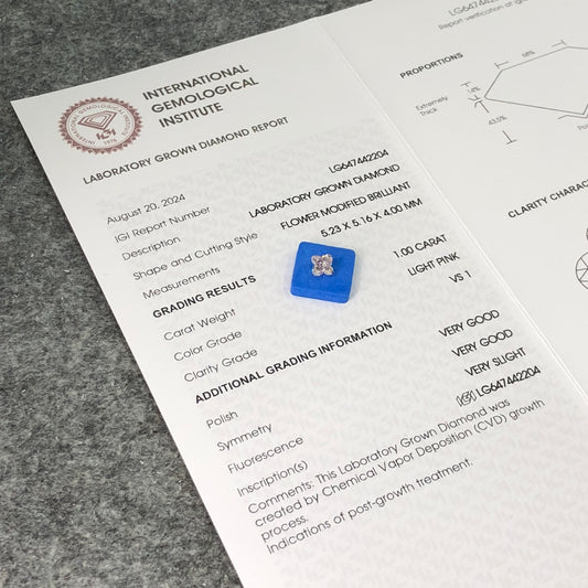 CVD 1.00 Carat IGI Certificate Lab Grown Diamond Light Pink VS1 Flower 2VG