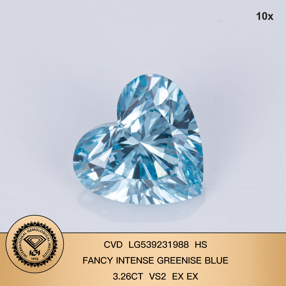 Fancy Intense Greenish Blue Lab Grown Diamond Heart Shape 2EX IGI Certified CVD VS2 3.26 Carat