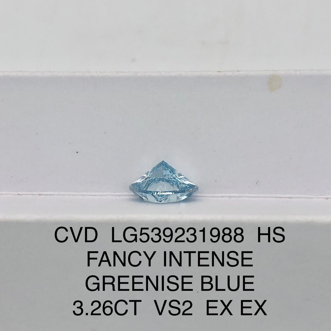 Fancy Intense Greenish Blue Lab Grown Diamond Heart Shape 2EX IGI Certified CVD VS2 3.26 Carat